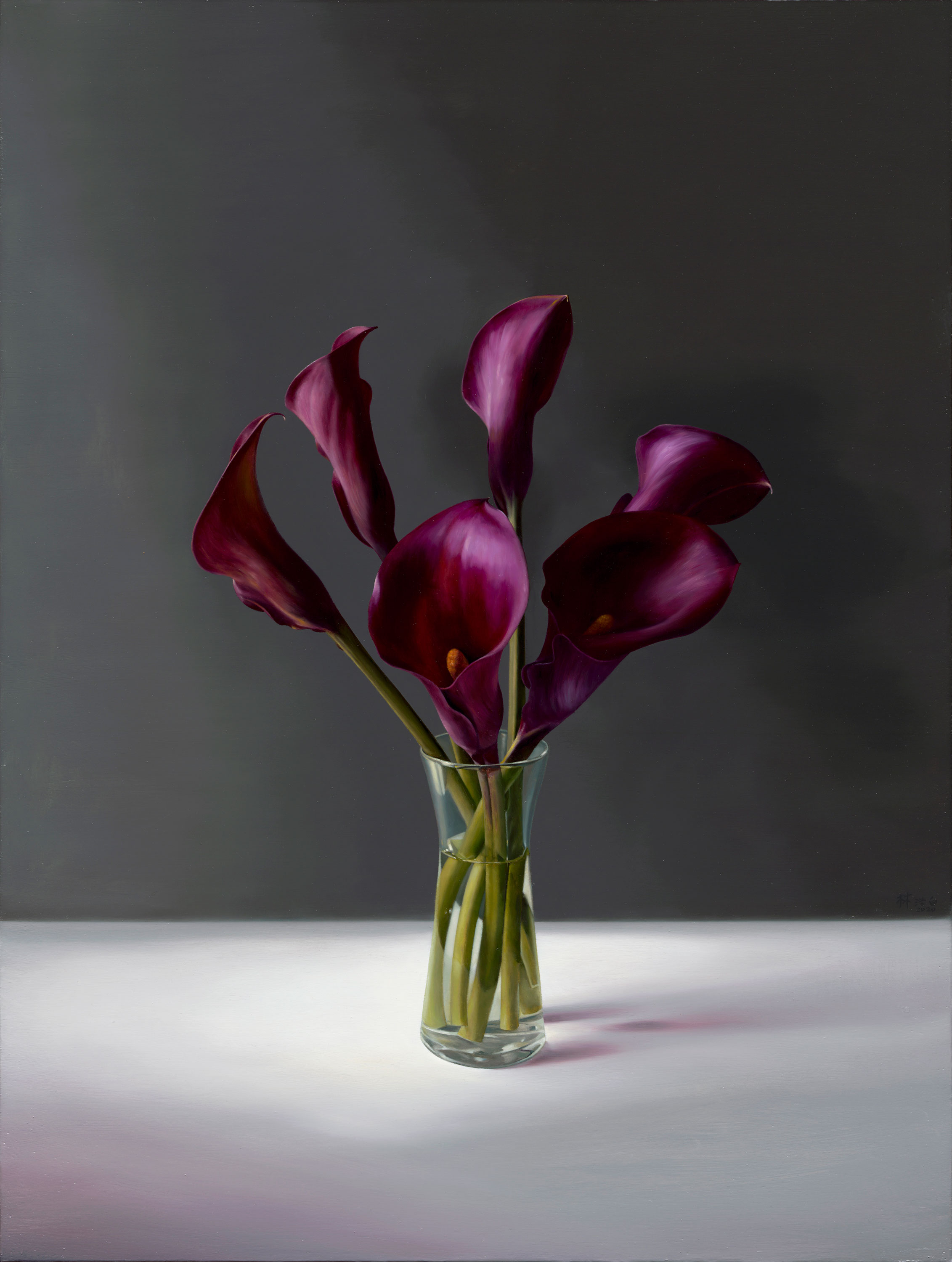 Fine Moments|美好時光作品-Purple Calla Lily and Grey Wall|紫色海芋與灰牆|,Oil on linen mounted on
					panel|油彩木板裱麻,61 x 46 cm|2020
