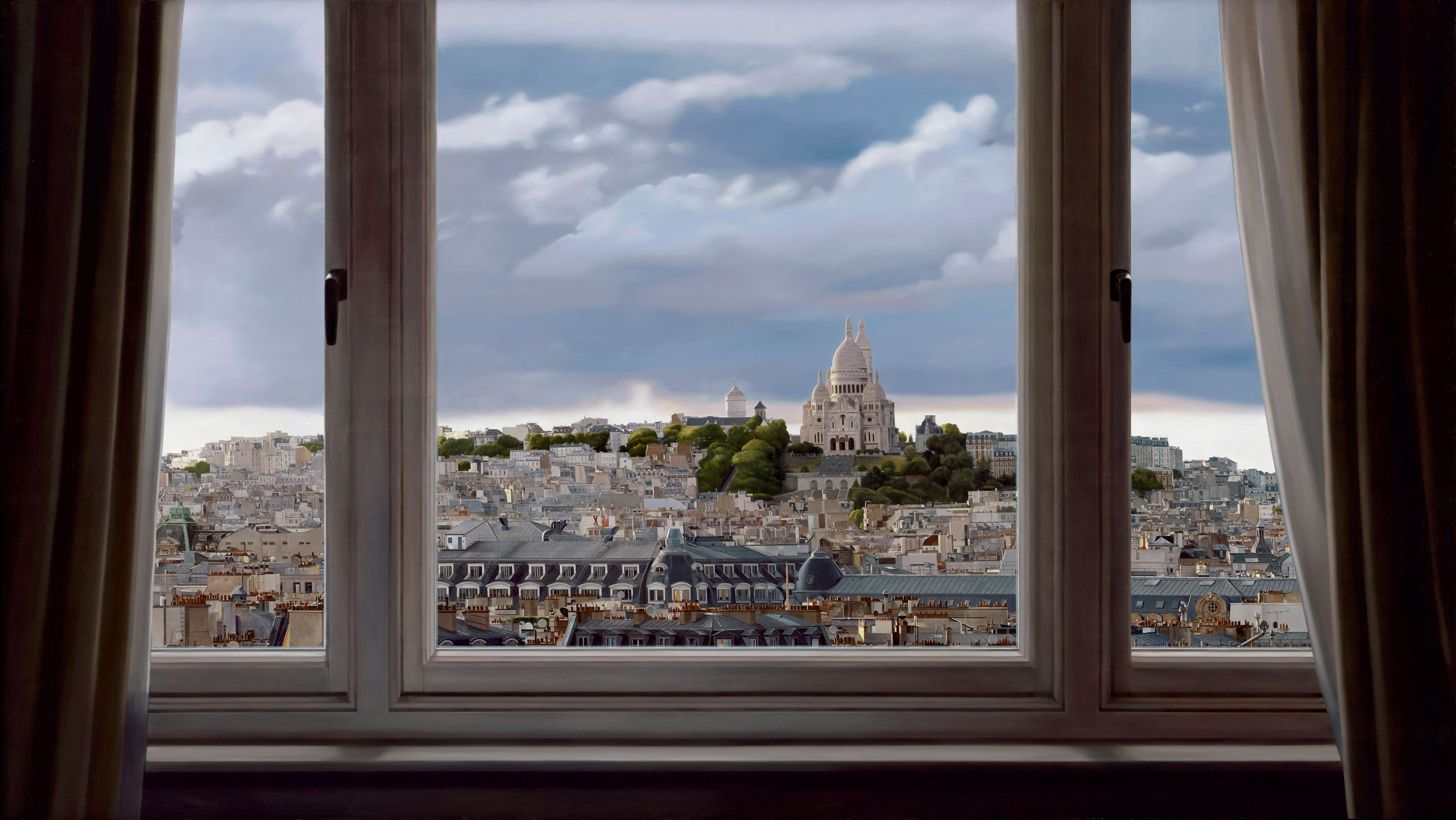 Windows|窗作品-Overlooking the White Church of Montmartre Before Sunset|落日前遠望蒙馬特的白教堂|,Oil on linen mounted on
								panel|油彩木板裱麻,112 x 198 cm|2020