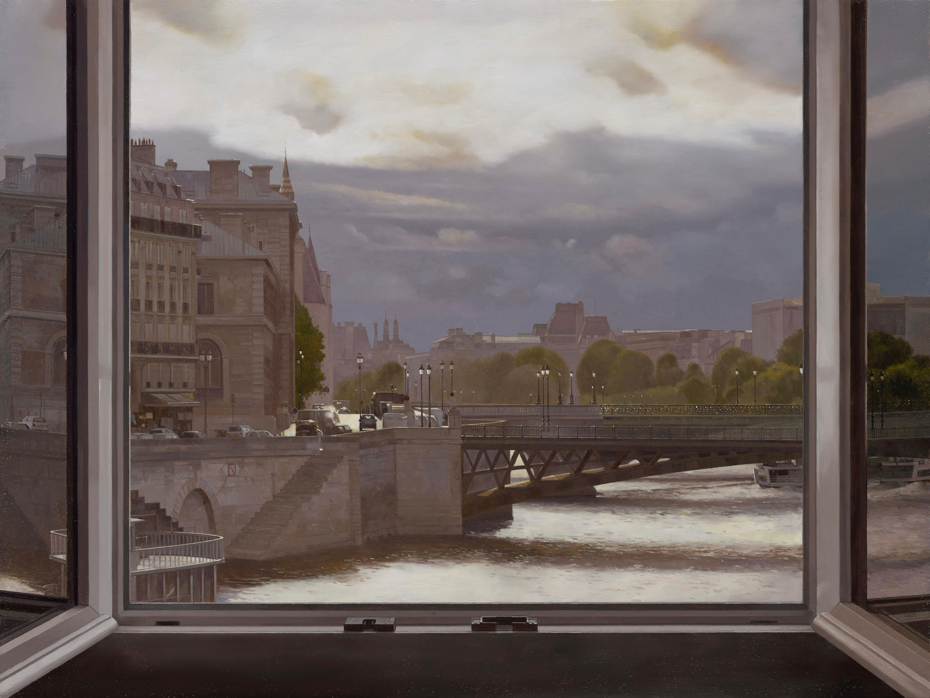 Windows|窗作品-Île de la Cité at
									Sunset|日暮的西堤島|,Oil on linen mounted on
									panel|油彩木板裱麻,46 x 61 cm|2022