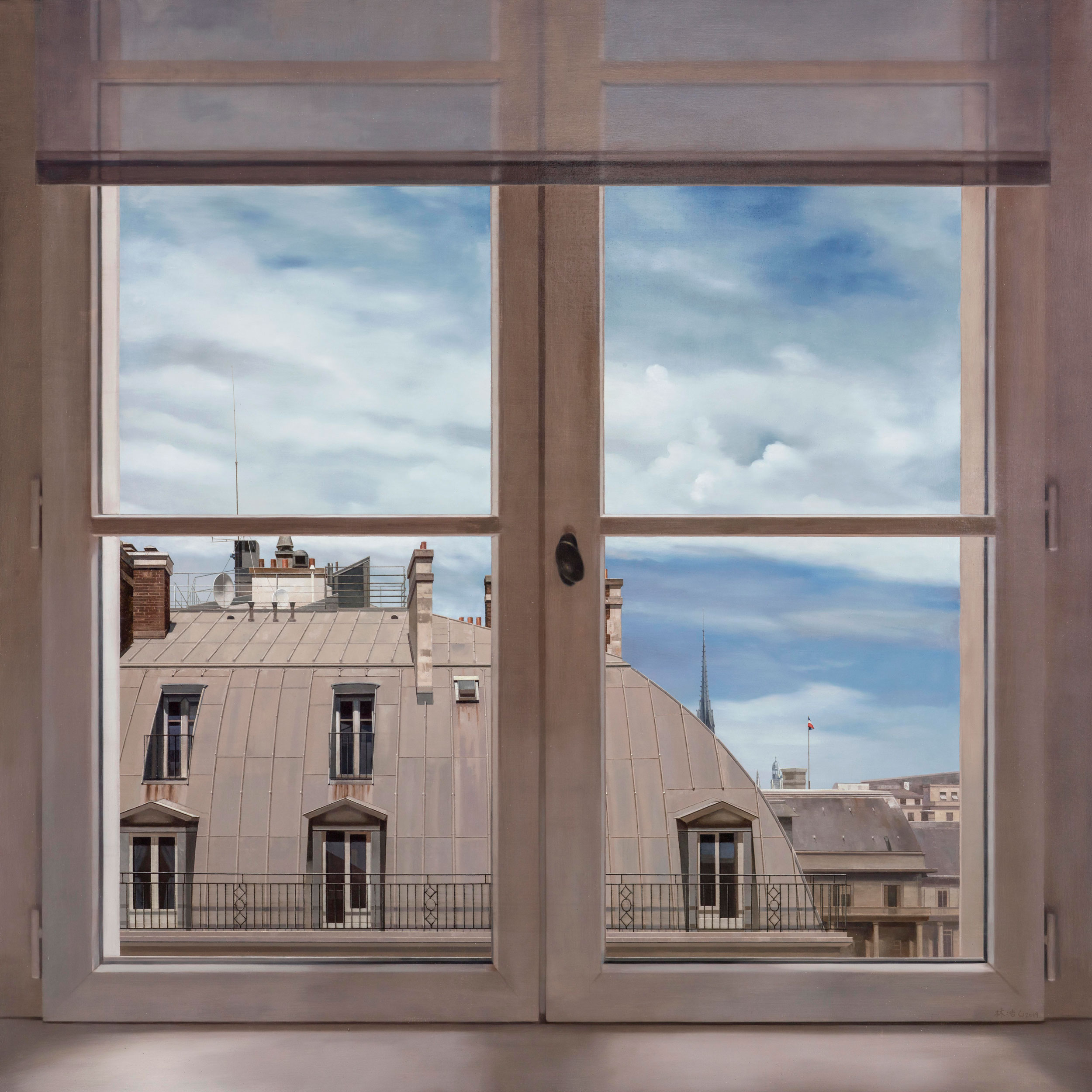 Windows|窗作品-Blazing Sun Outside the Window at Noon|正午時分窗外的豔陽|,Oil on linen mounted on
					panel|油彩木板裱麻,90 x 90 cm|2019
