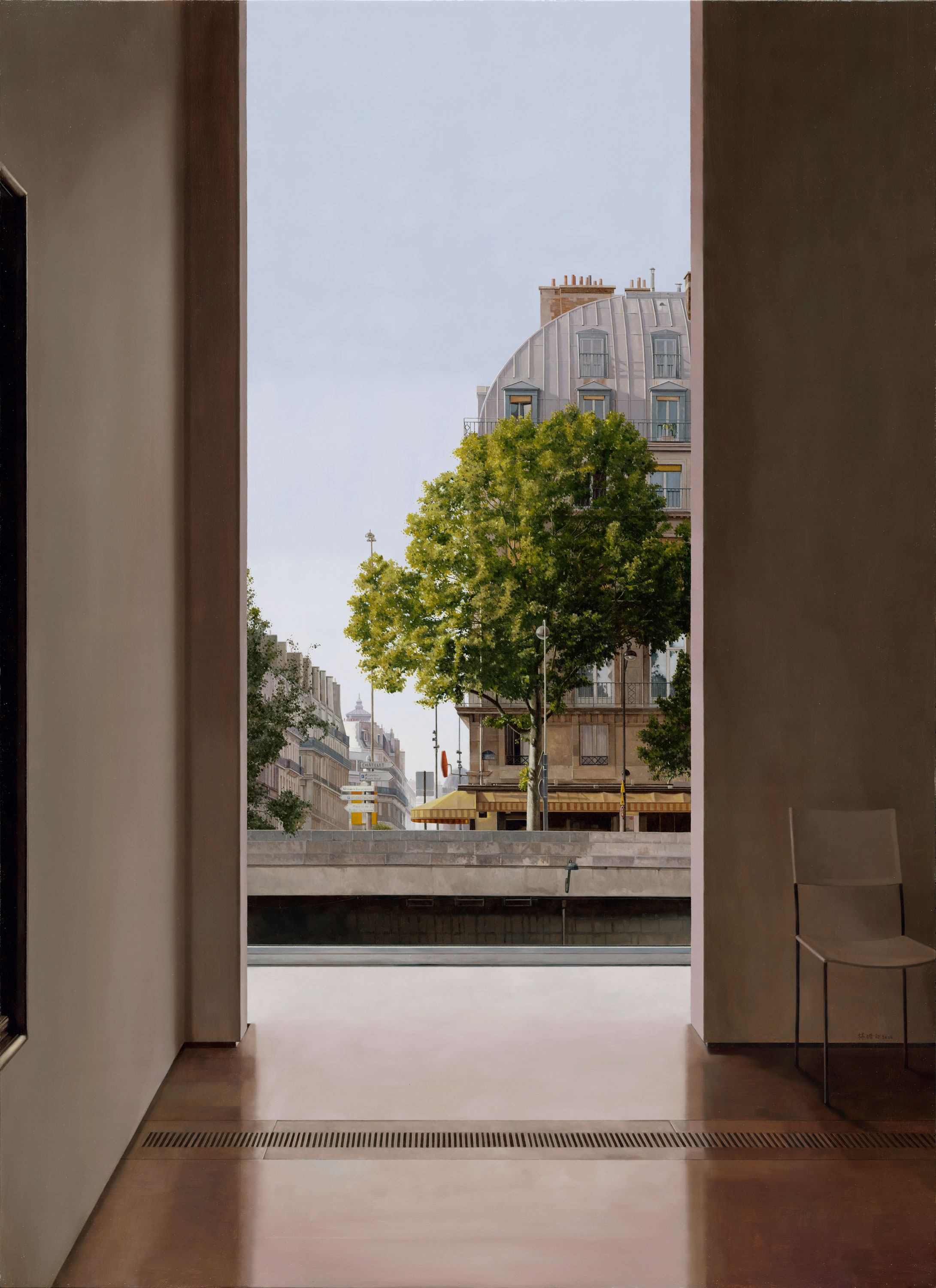 Windows|窗作品-French Firmiana outside the Cafe|咖啡廳外的法國梧桐樹|,Oil on linen mounted on
		panel|油彩木板裱麻,124 x 90 cm|2020